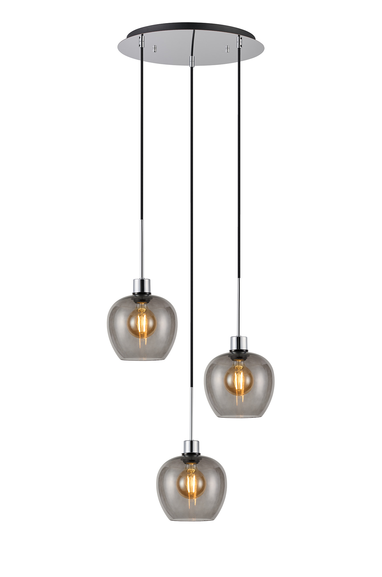 Lori 40cm Round Pendant, 3 Light Adjustable E27, Polished Chrome/Smoke Wine Shades